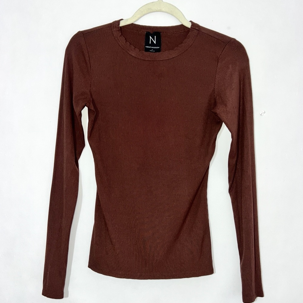 Naked Wardrobe - Long Sleeve Ribbed T-Shirt - Medium - Chocolate Brown